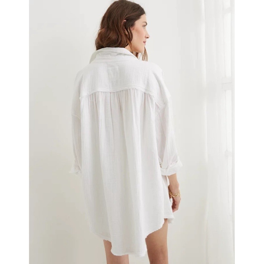 Aerie Gauzy Coverup Shirt XL White Oversized Button Down Beach Coastal Resort